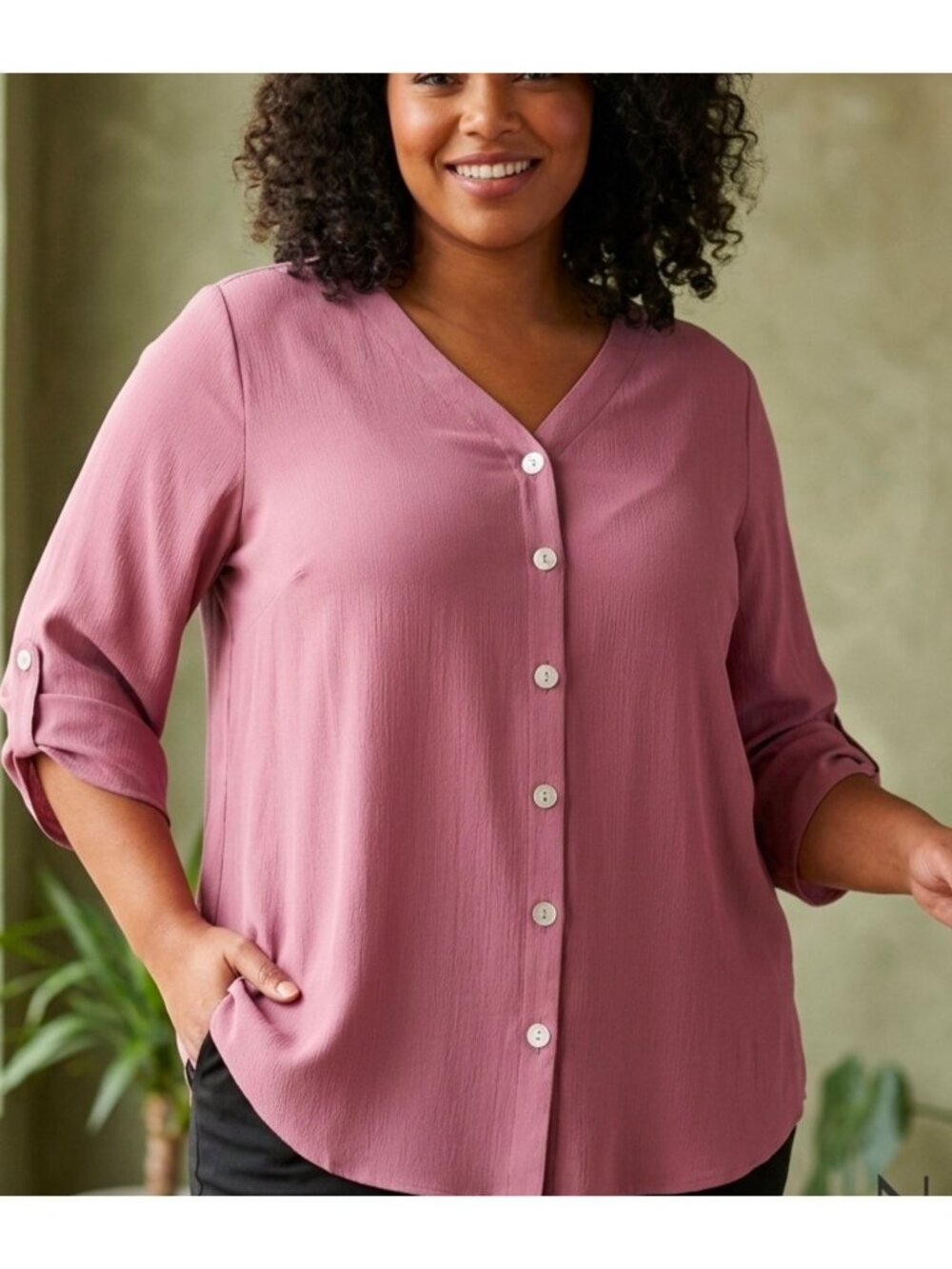 AGB Womens Dark Mauve Button-Front Blouse Size 2X With 3/4 Sleeves & Roll Tabs